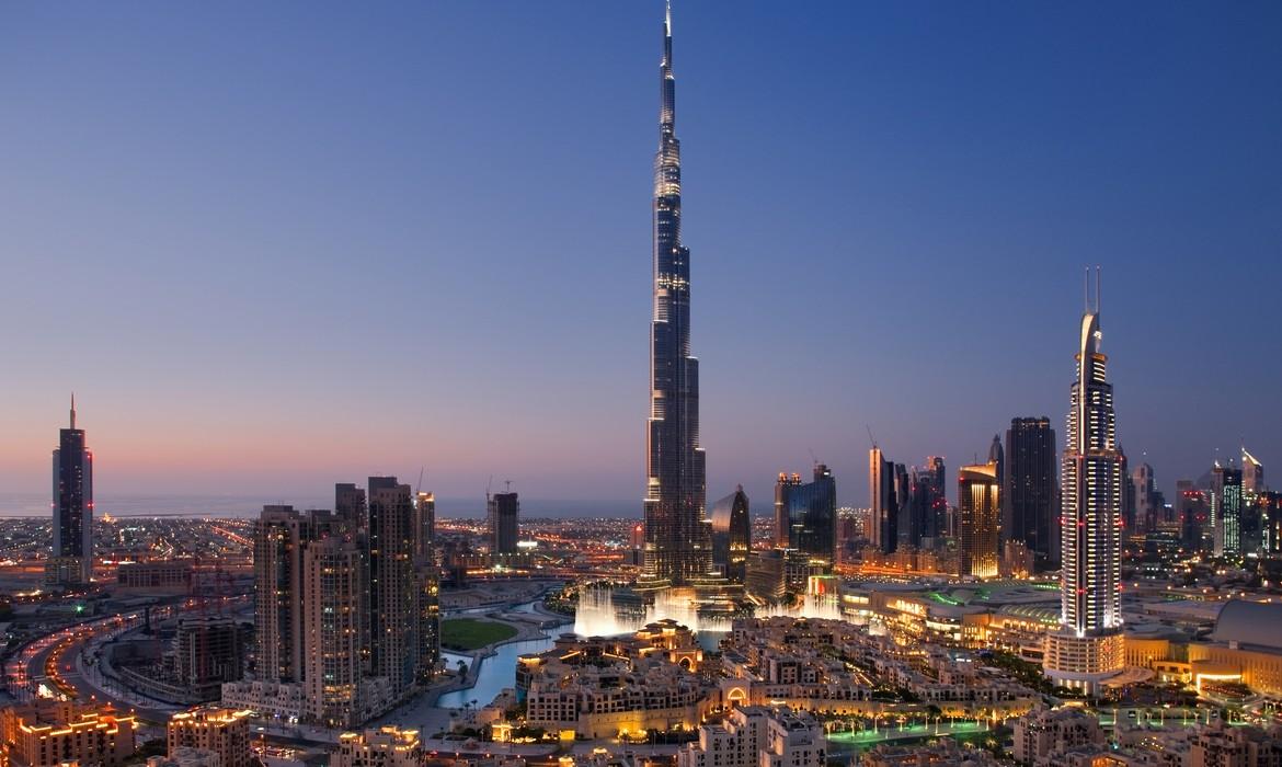 A skyline of downtown Dubai with Burj Khalifa