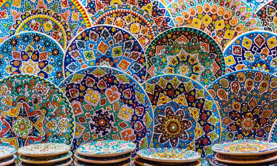 Colorful pottery dishes sold in Dubai souq